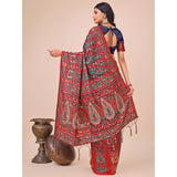 Women's pink cotton printed saree with unstitched blouse, vibrant design for traditional Indian wear