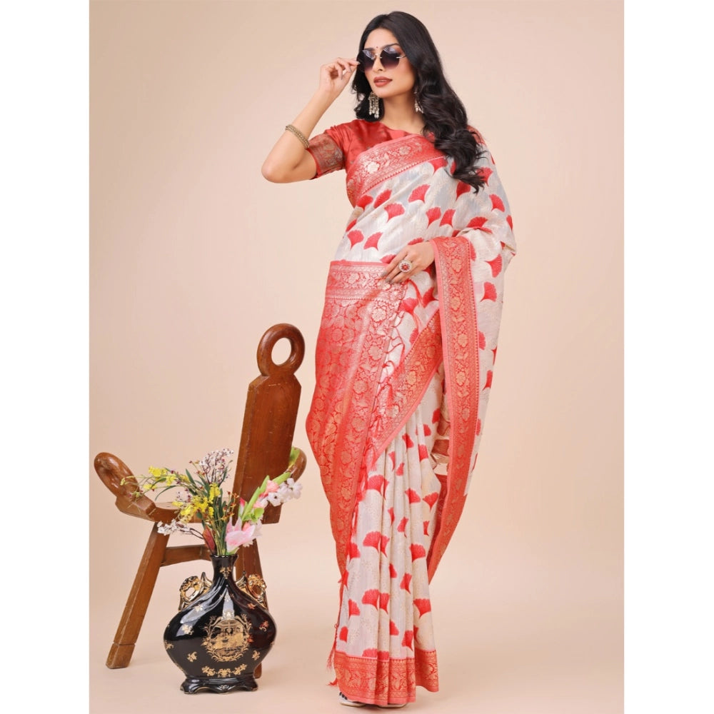 Red linen cotton printed saree with unstitched blouse, vibrant pattern on 5.5Mtr length