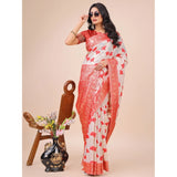 Red linen cotton printed saree with unstitched blouse, vibrant pattern on 5.5Mtr length