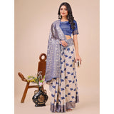 Blue linen cotton printed saree with unstitched blouse, vibrant pattern on 5.5mtr fabric