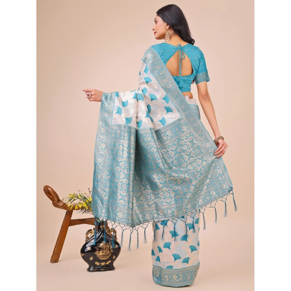 Teal linen cotton printed saree with unstitched blouse, 5.5Mtr - vibrant traditional Indian attire for women