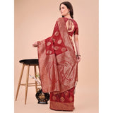 Maroon cotton printed saree with unstitched blouse, vibrant Indian traditional wear for women on display
