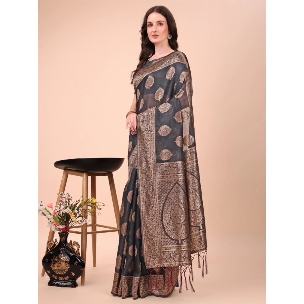 Black cotton printed saree with unstitched blouse, vibrant design for traditional Indian wear