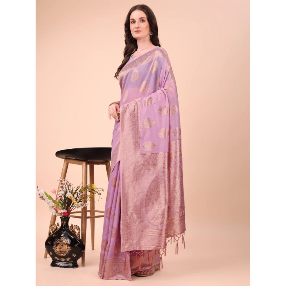 Light Pink cotton printed saree with unstitched blouse (5.5mtr) on model