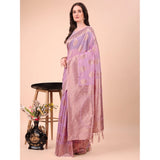 Light Pink cotton printed saree with unstitched blouse (5.5mtr) on model