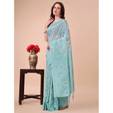 Sky blue cotton printed saree with unstitched blouse, vibrant design for women's traditional wear