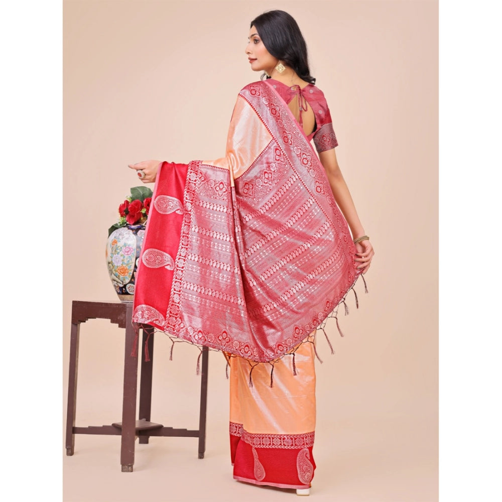 Peach lichi silk printed saree with unstitched blouse, vibrant floral design for women's traditional wear