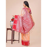 Peach lichi silk printed saree with unstitched blouse, vibrant floral design for women's traditional wear