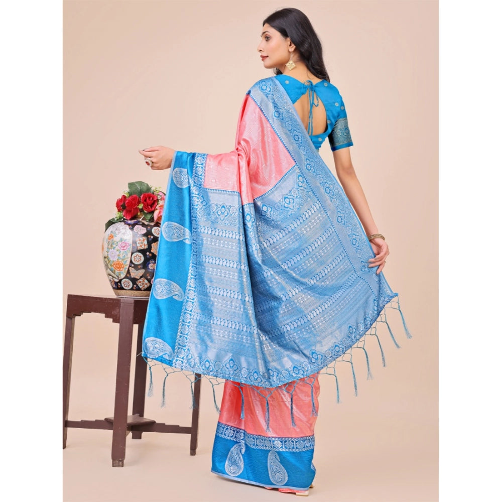 Peach Lichi silk printed saree with unstitched blouse, 5.5mtr length