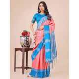 Peach lichi silk printed saree with unstitched blouse, vibrant and luxurious traditional Indian wear for women