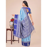 Sky blue lichi silk printed saree with unstitched blouse, vibrant Indian wear for festive occasions