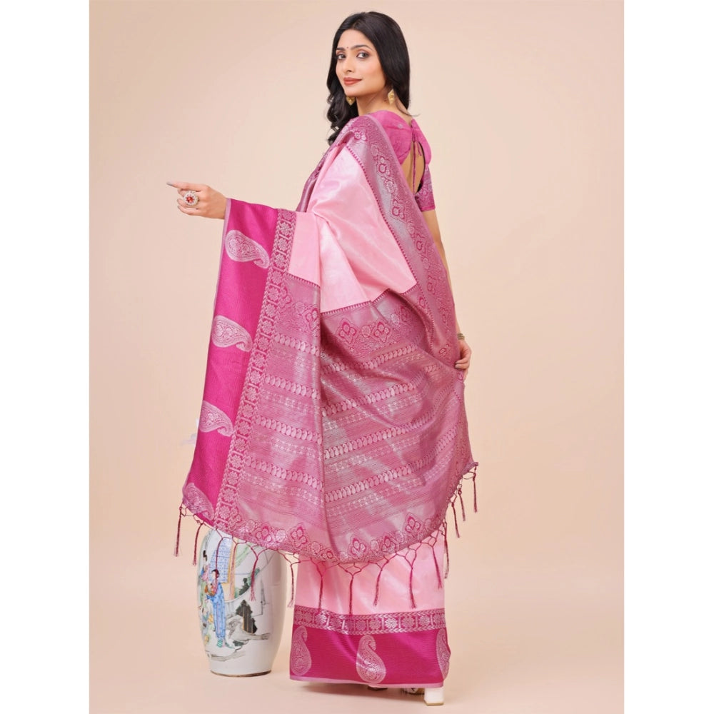 Light Pink Lichi Silk printed saree with unstitched blouse, 5.5Mtr for traditional Indian women's wear