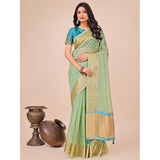 Green organza printed saree with unstitched blouse (5.5Mtr) on mannequin