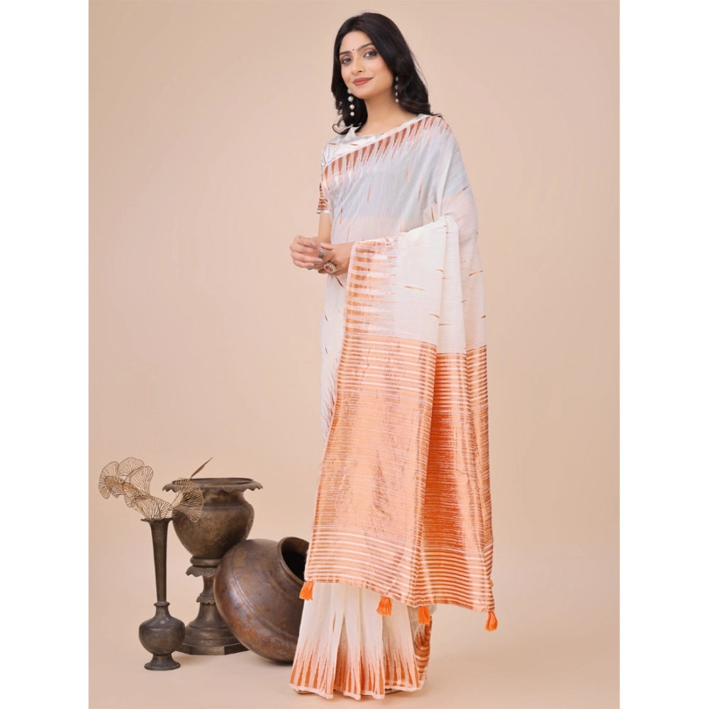 White linen cotton printed saree with unstitched blouse (5.5Mtr) - vibrant, traditional Indian attire on mannequin