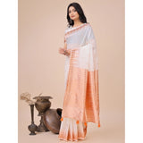 White linen cotton printed saree with unstitched blouse (5.5Mtr) - vibrant, traditional Indian attire on mannequin