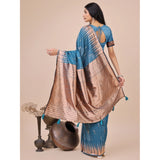 Blue linen-cotton printed saree with unstitched blouse, vibrant pattern for Indian women's traditional attire