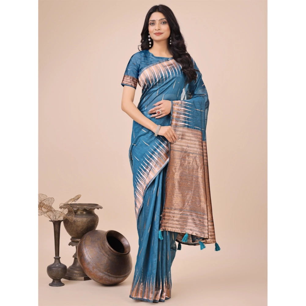 Blue linen-cotton printed saree with unstitched blouse, vibrant design on 5.5mtr fabric