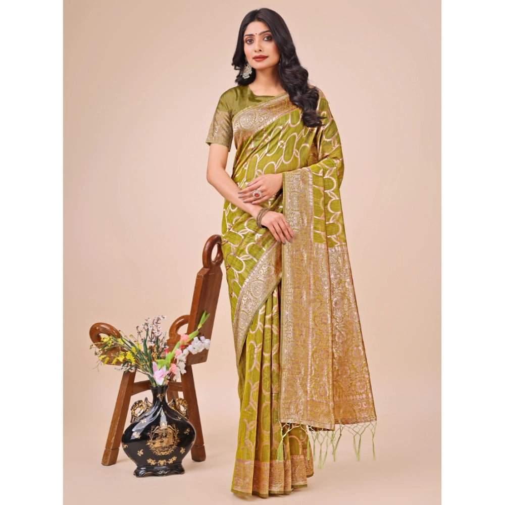 Olive green linen cotton printed saree with unstitched blouse, vibrant design for women's traditional wear