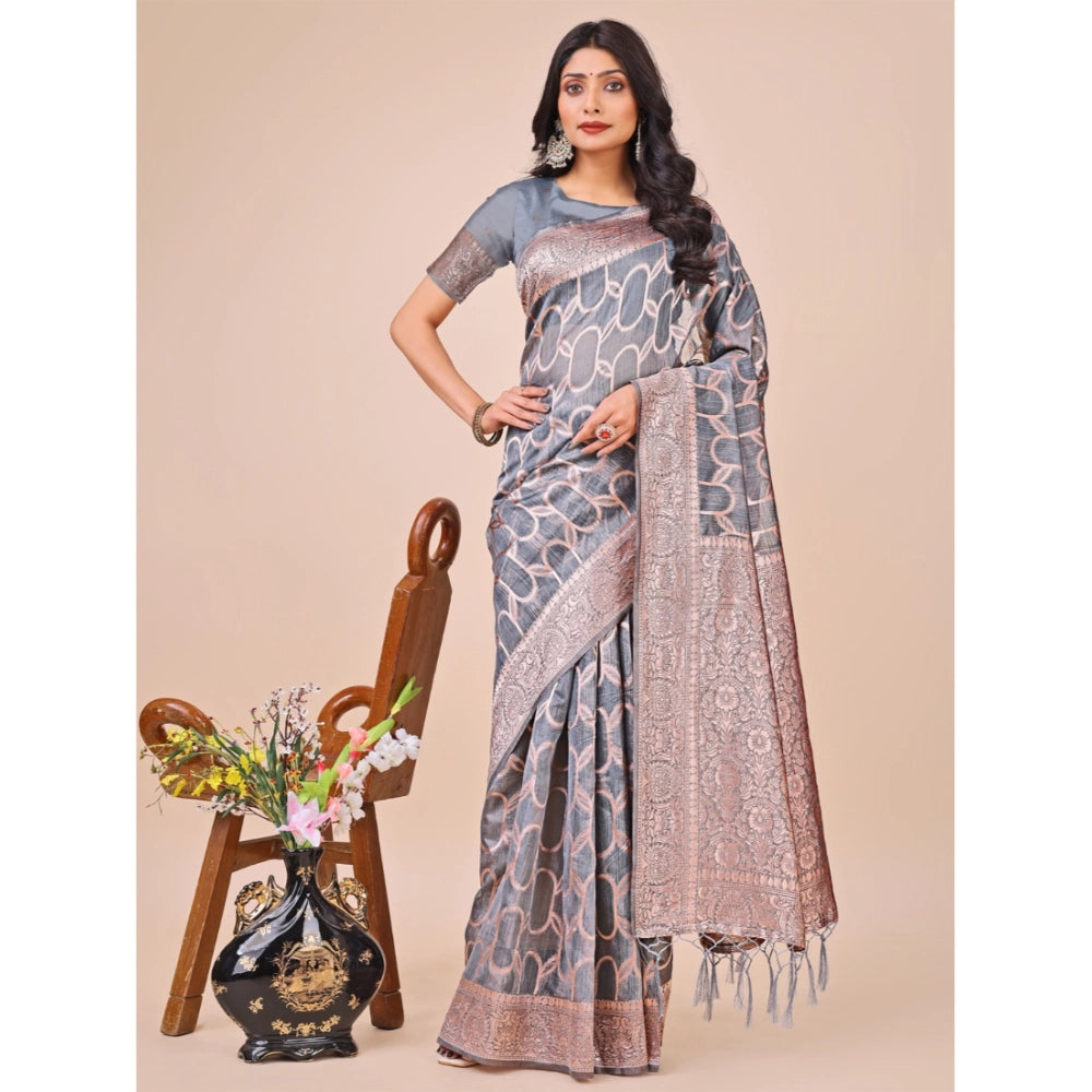 Grey linen cotton printed saree with unstitched blouse (5.5Mtr) on mannequin