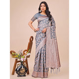 Grey linen cotton printed saree with unstitched blouse (5.5Mtr) on mannequin
