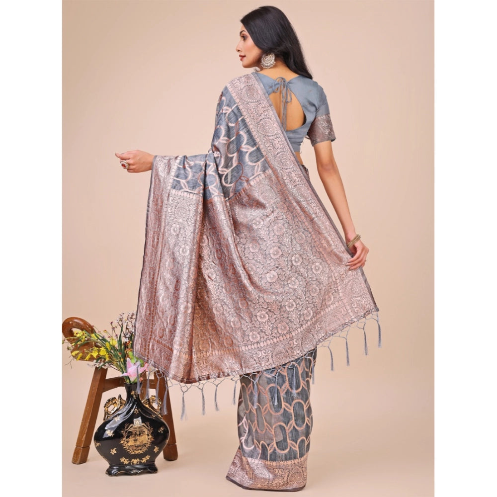 Grey linen-cotton printed saree with unstitched blouse (5.5Mtr)