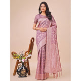 Purple linen-cotton printed saree with unstitched blouse, vibrant pattern on display