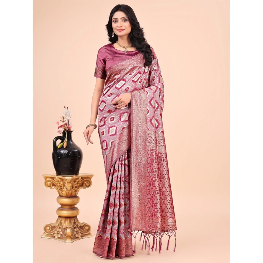 Pink cotton printed saree with unstitched blouse (5.5mtr), vibrant design on traditional Indian wear