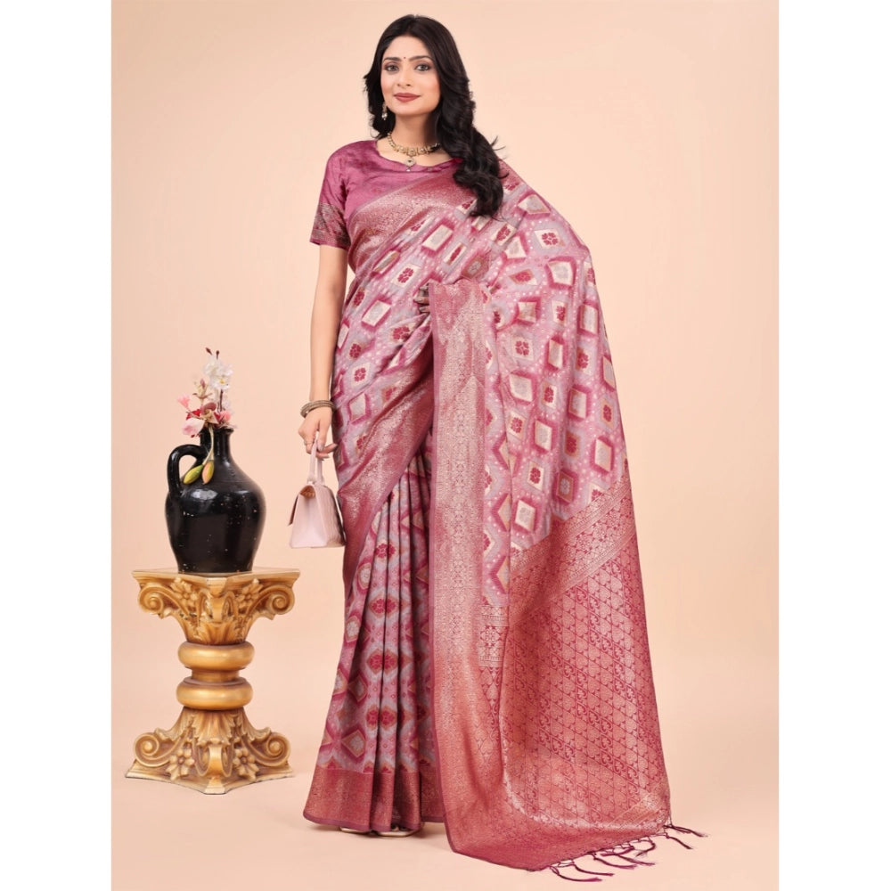 Pink cotton printed saree with unstitched blouse (5.5mtr), vibrant design for traditional wear
