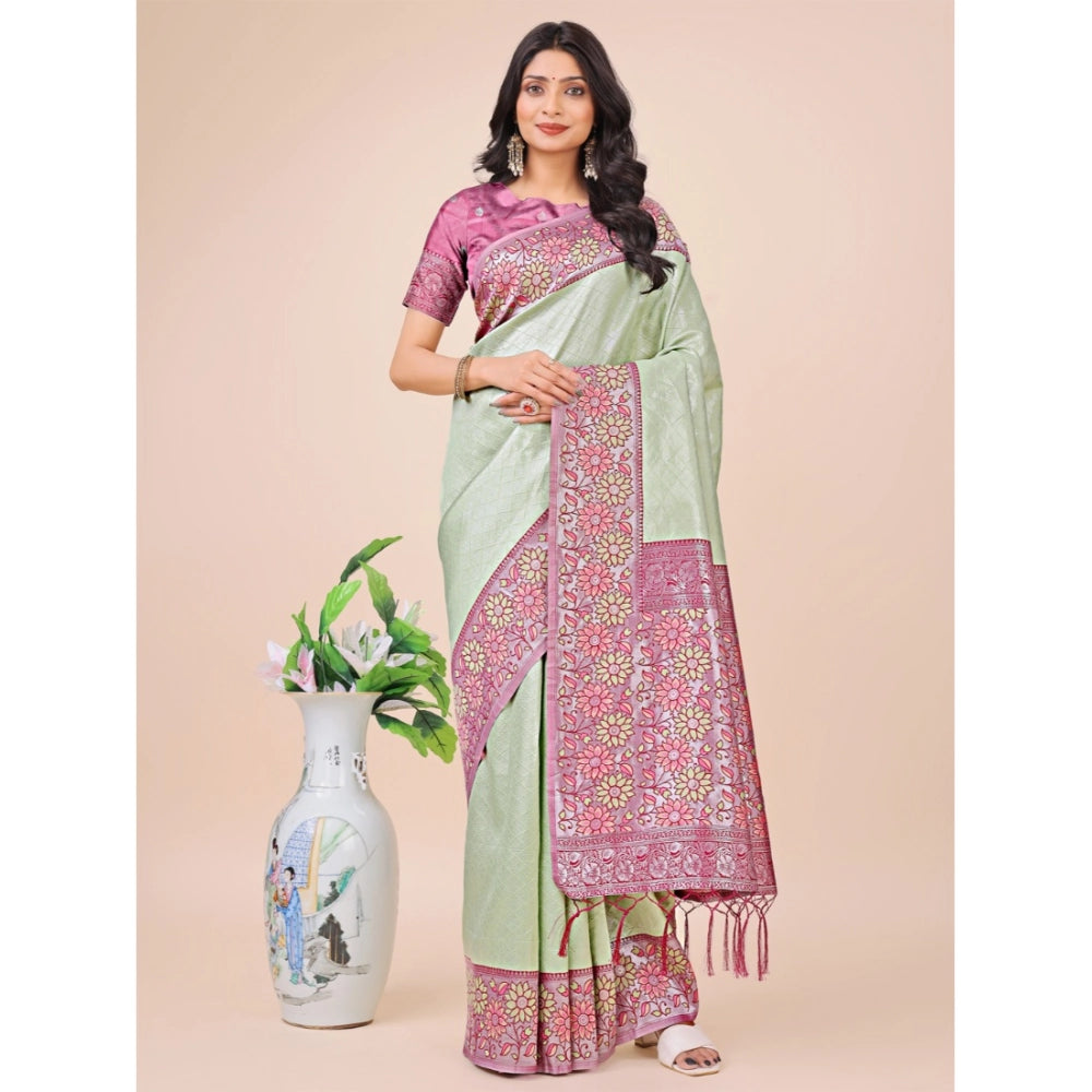 Olive green lichi silk printed saree with unstitched blouse, vibrant floral patterns for traditional Indian wear