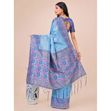 Sky blue lichi silk printed saree with unstitched blouse, vibrant design on a luxurious background