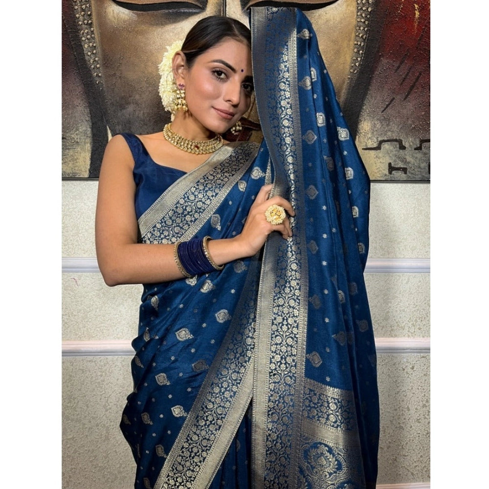 Silk printed Rama blue saree with unstitched blouse (5.5Mtr) - vibrant Indian fashion for women