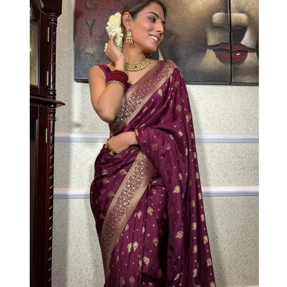 Wine silk printed saree with unstitched blouse (5.5mtr), elegant Indian traditional wear