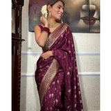 Wine silk printed saree with unstitched blouse (5.5mtr), elegant Indian traditional wear