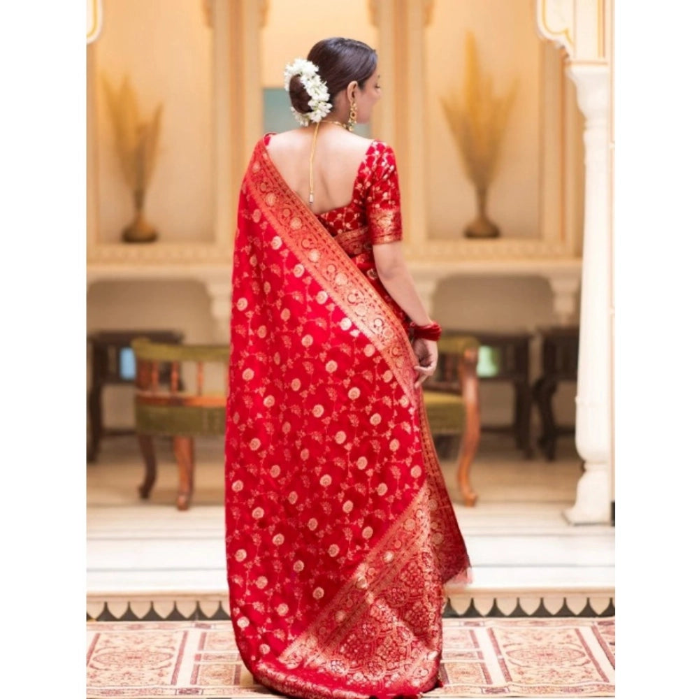 Red silk printed saree with unstitched blouse (5.5mtr), luxurious Asian traditional wear