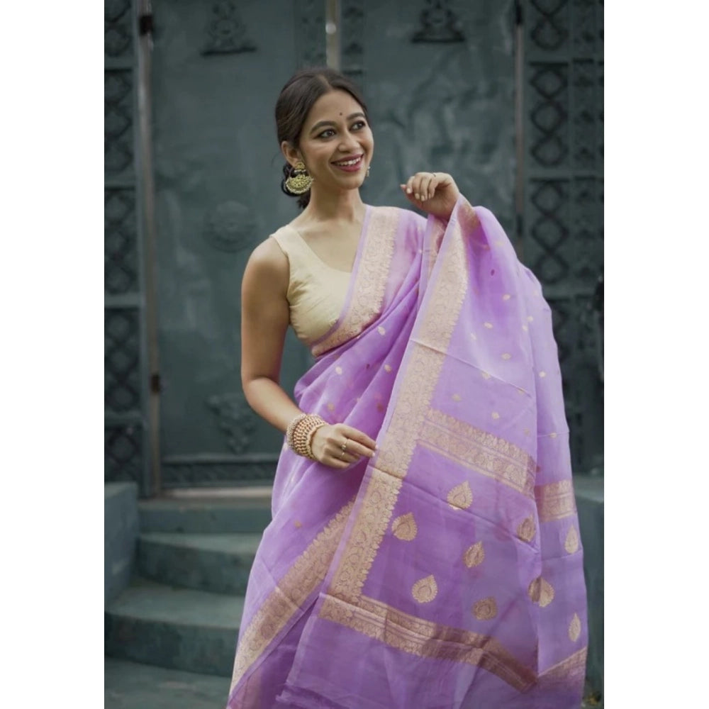 Lavender cotton printed saree with unstitched blouse (5.5mtr) - vibrant, traditional Indian wear