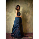 Navy blue silk printed saree with unstitched blouse (5.5mtr), intricate design on luxurious fabric