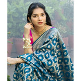 Sky blue silk printed saree with unstitched blouse, vibrant design for traditional Indian women's wear