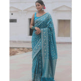 Sky blue silk printed saree with unstitched blouse, 5.5Mtr, traditional Indian women's wear on mannequin