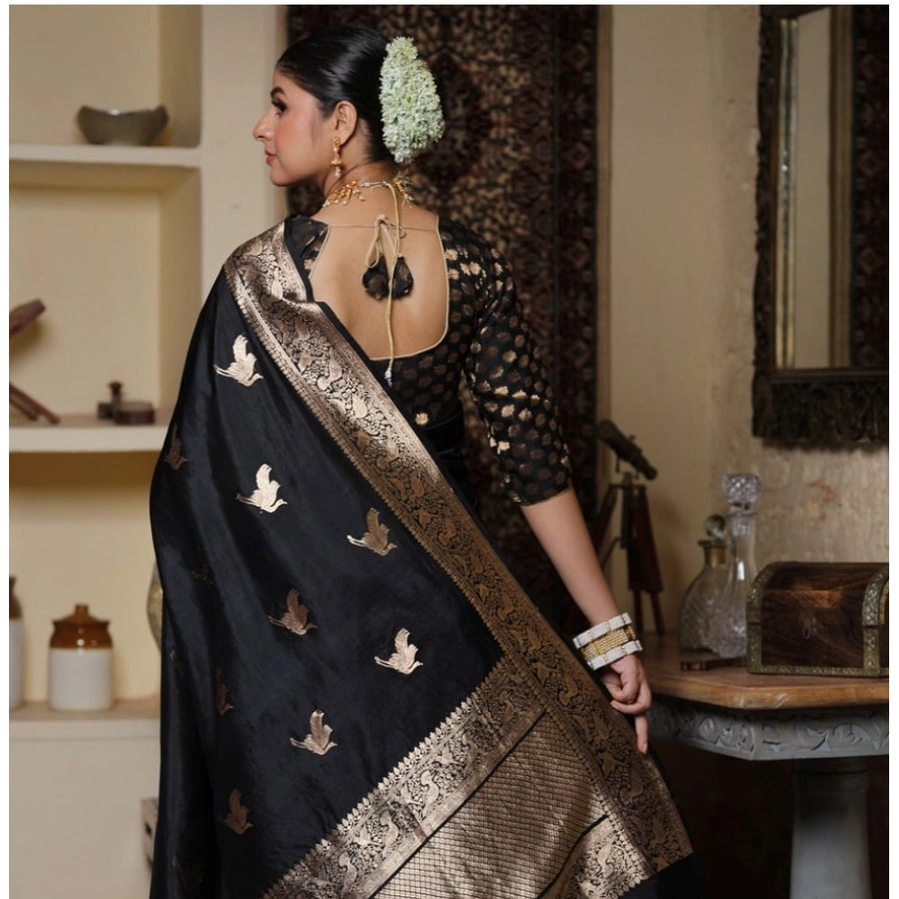 Black silk printed saree with unstitched blouse, 5.5Mtr length on model