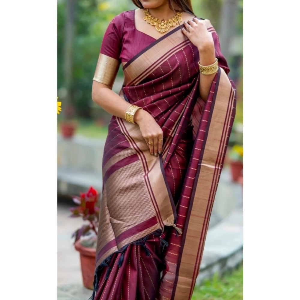 Maroon silk printed saree with unstitched blouse (5.5mtr), luxury Indian women's wear on mannequin