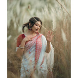 White-Red printed cotton saree with unstitched blouse (5.5mtr), traditional Indian attire on mannequin