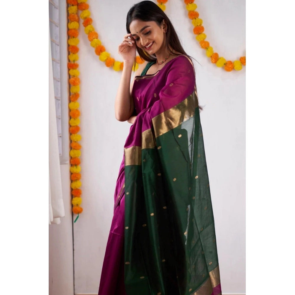 Women's wine-colored printed cotton saree with unstitched blouse (5.5Mtr), vibrant design on display