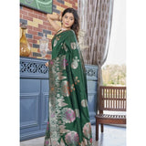 Green silk printed saree with unstitched blouse (5.5mtr), vibrant floral design on display