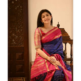 Navy blue silk printed saree with unstitched blouse (5.5mtr)