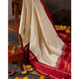 Off-white silk printed saree with unstitched blouse, vibrant pattern details on 5.5mtr length