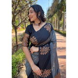 Grey silk printed saree with unstitched blouse (5.5mtr) - elegant women's traditional attire on display