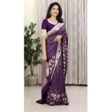 Purple silk printed saree with unstitched blouse (5.5Mtr), elegant Indian traditional wear on mannequin