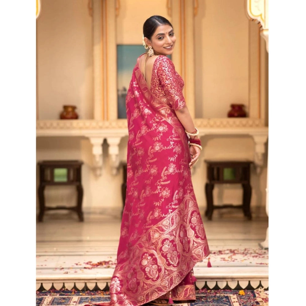 Pink silk printed saree with unstitched blouse (5.5mtr), detailed close-up view of vibrant design