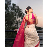 White-pink silk printed saree with unstitched blouse (5.5Mtr), elegant Indian traditional wear on mannequin