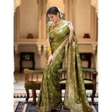Olive green silk printed saree with unstitched blouse (5.5mtr), elegant Indian attire for special occasions